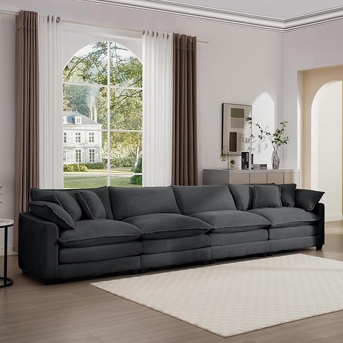 Oversized Modular Sectional Sofa 149.5'' Modern Corduroy Comfy Cloud Couches for Living Room Apartment Deep Seat 4-Seater Sofa with 2 Armrest Pillows and 4 Toss Pillows Grey