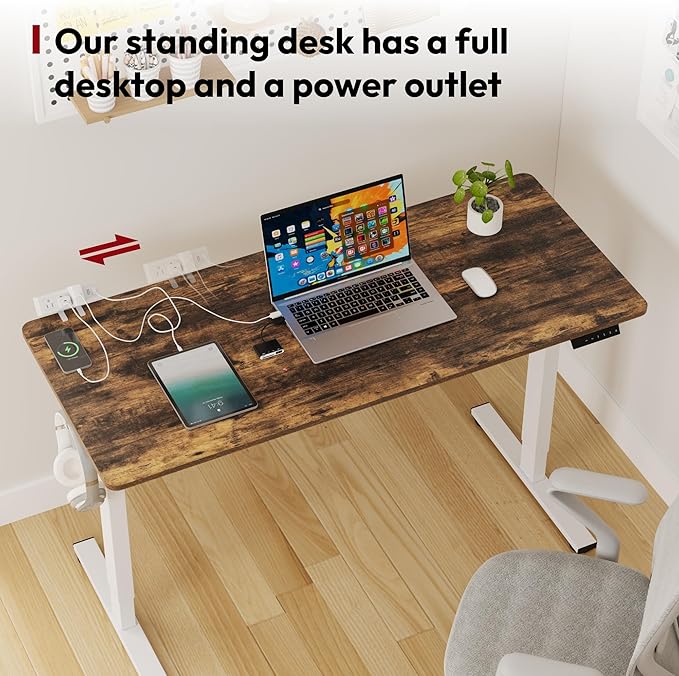 SANODESK Electric Standing Desk with Desk Clamp Power Strip 48x 24 Whole-Piece Desktop Height Adjustable Stand Up with Cable Management Sit Stand Home Office White Frame/Rustic Brown Top