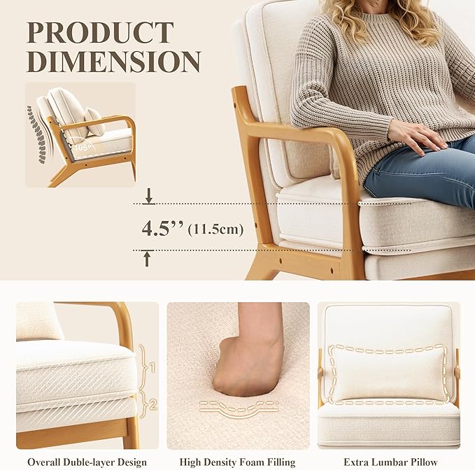 Mid-Century Accent Chair Set of 2 with Solid Wood Frame Reading Relaxing Armchair Lumbar Pillow&amp Soft Cushion Leisure Chair for Living Room Bedroom Waiting Room-Beige