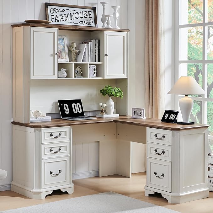 T4TREAM 59 Farmhouse Wood Desk Hutch with Ample Storage Only Match VSC Series Farmhouse Desk (Antique White)