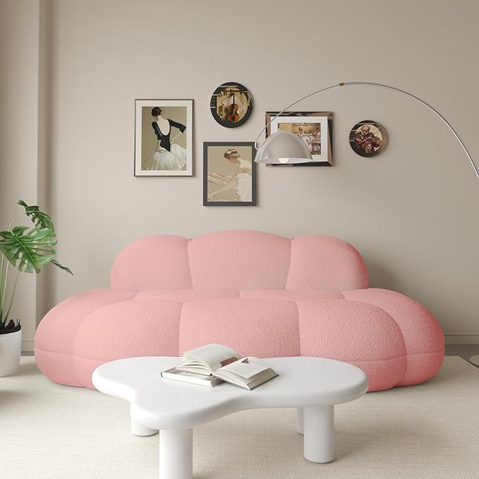 Boneless Small Couch for Bedroom 90 Modern Curved Boucle Couch Comfy Upholstered Cloud LoveSeat Floor Sofa Deep Seat Leisure Bubble Couches for Living Room Small Space (Pink No Installation)