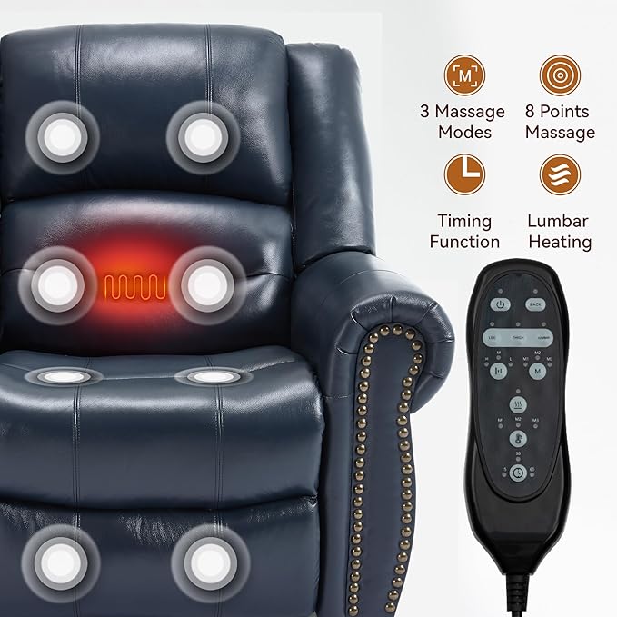 Genuine Leather Power Lift Recliner Chair Lazy Boy Recliner Chair with Charging Ports for Living Room Theater Seating Electric Single Sofa with Round Armrest Blue