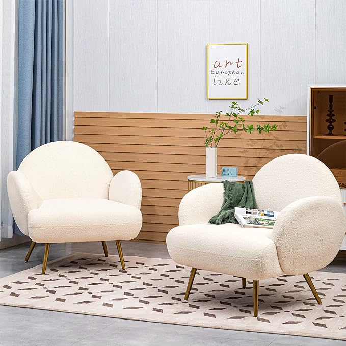 Accent Chair White with Golden Metal LegsReading Chair for Bedroom Comfy Boucle Sherpa Chair for Living Room Bedroom