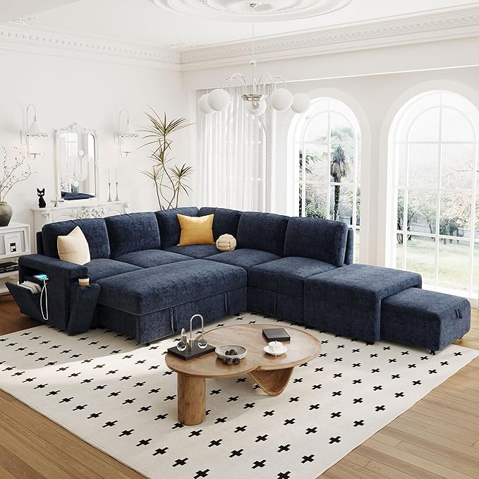 Convertible Sleeper Sectional Sofa with Pull-Out Bed and Storage Space &amp Ottoman Armrest w/USB Ports &amp Cup Holders Corner 6 Person L-Shape Modular Couch for Living Room Apartment (Blue)