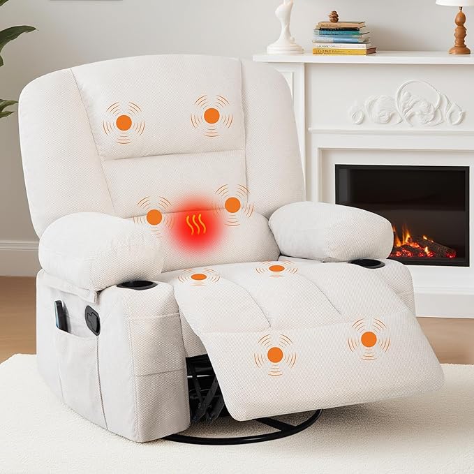 Rocker Recliner Chairs for Adults w/Vibration Massage and Heating360° Swivel Rocker Glider ReclinerExtra Wide Manual Lazy ChairChenille Fabric Sofa Chair for Living RoomBedroomWhite