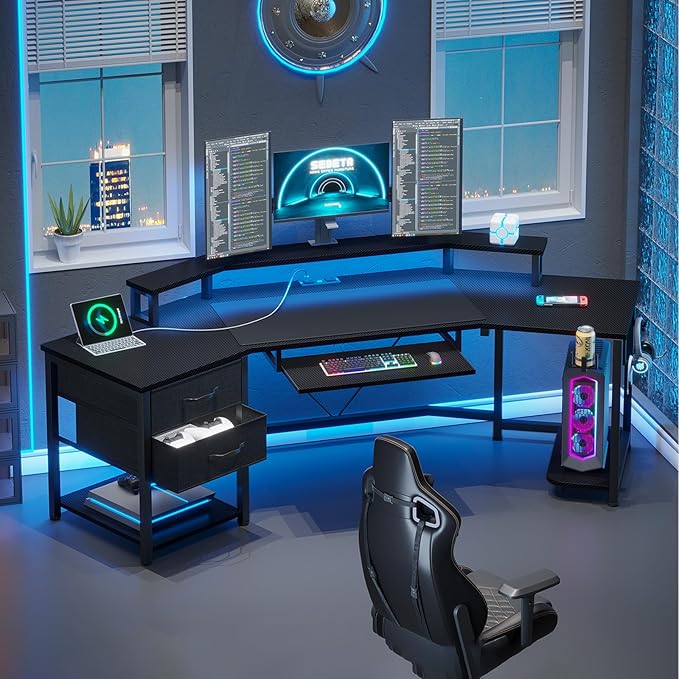 SEDETA 79 Gaming Desk Computer Desk with 2 Fabric Drawers &amp LED Light L Shaped Gaming Desk with Storage Shelf for Home Office Carbon Fiber Black