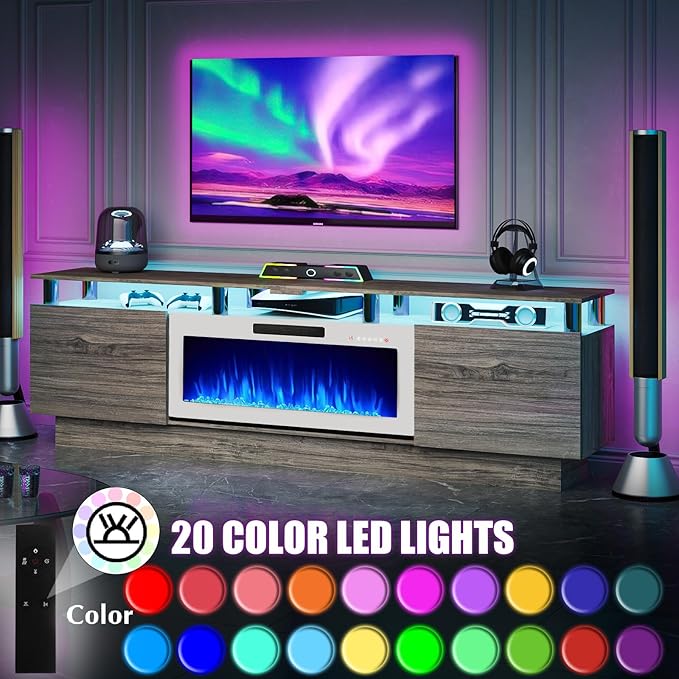 80 Modern Fireplace TV Stand with 36 Electric Fireplace for TVs Up to 90 inch Luxury LED Light Entertainment Center with High Gloss Cabinet Grey + Silver Posts with White Fireplace