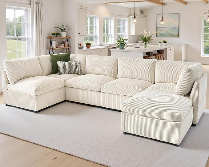 Jocisland Oversized Modular Sectional Sofa with 32 Deep Seat 6 Seater Sectional Couch Modular Sofa for Living Rooms Tool-Free Assembly Flexible Modular Couch Layout-Corduroy Beige