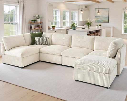 Jocisland Oversized Modular Sectional Sofa with 32 Deep Seat 6 Seater Sectional Couch Modular Sofa for Living Rooms Tool-Free Assembly Flexible Modular Couch Layout-Corduroy Beige
