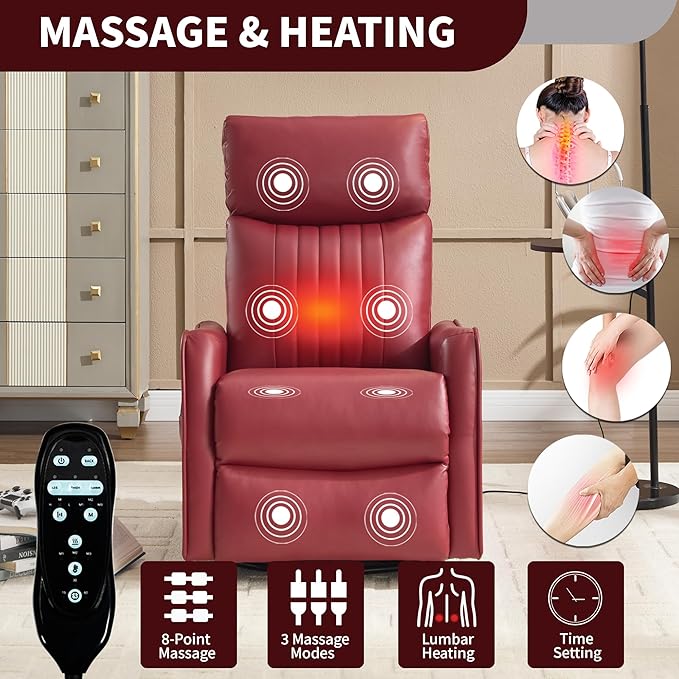 High Back Massage Recliner with Heat - Swivel Rocking Chair for Small Spaces Manual Lazy Boy Recliner for Adults Perfect for Living Room &amp Bedroom Soft Fabric (Red)