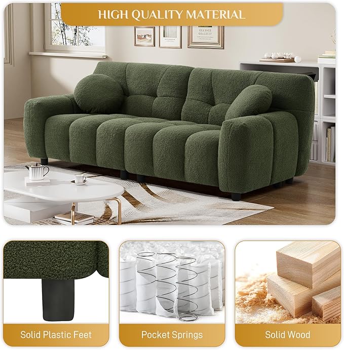 Modern Boucle Sofa Couch Comfy Deep Seat Teddy Cloud Couch 72.8 Upholstered Cozy Sherpa 2 Seater Couches with Pillows Oversized Loveseat Sofa for Living Room Apartment Emerald Green