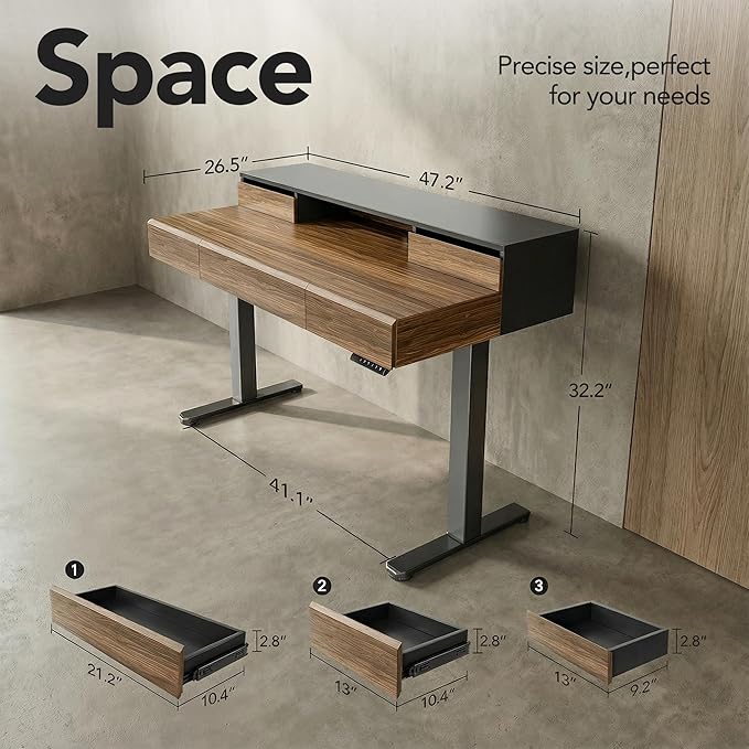 ErGear Electric Standing Desk with 5 Solid Wood Drawers 48 x 26 Inches Whole Piece Desktop with Desktop Riser Stand Compatible with C-Clamp Monitor Arms Modern Office Desk Dark Walnut