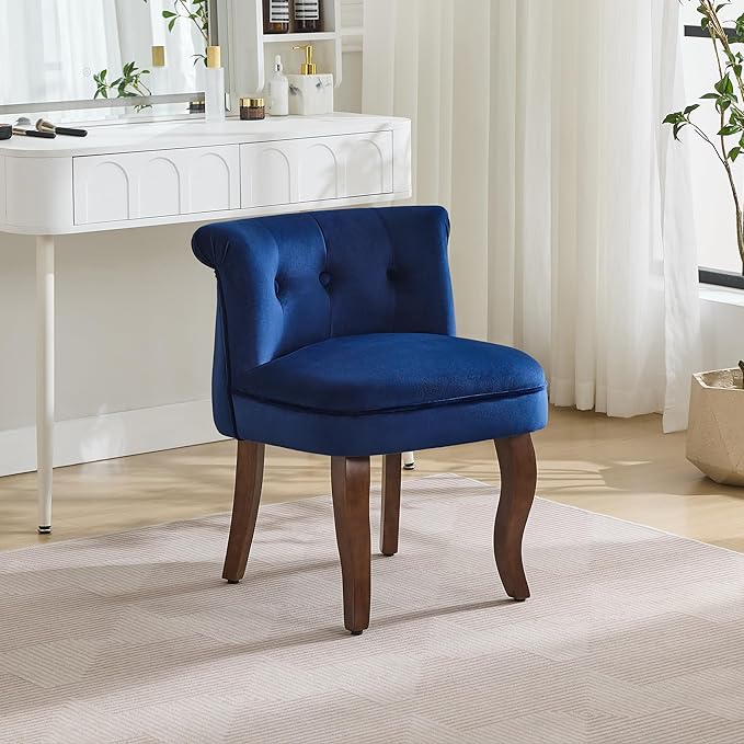 Velvet Vanity Chair with Back Tufted Upholstered Vanity Stool with Solid Wood Legs Mid Century Small Makeup Chair for Vanity Accent Chair for Bedroom Living Room Navy