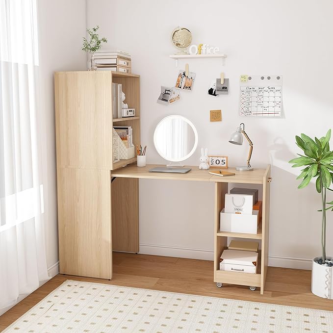 Montary Expandable and Foldable Desk Mobile Office Desk with Storage Shelves &amp Wheels Compact Computer Desk for Small Space Reversible L Shaped Desk (Natural)