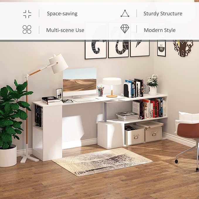 55 360° Rotating Corner Computer Desk Modern L Shaped Home Office Workstation with 3 Tier Storage Shelves Bookshelf White