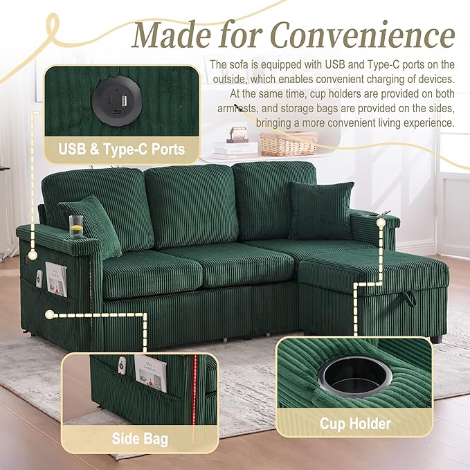 76.8 L-Shaped Sleeper Sofa with Storage Ottoman USB Ports Cup Holders&ampLED Lights Side Pockets Comfy Corduroy Modern 3-Seater Small Couch Bed for Living Room with 2 Throw Pillows (Emerald Gree