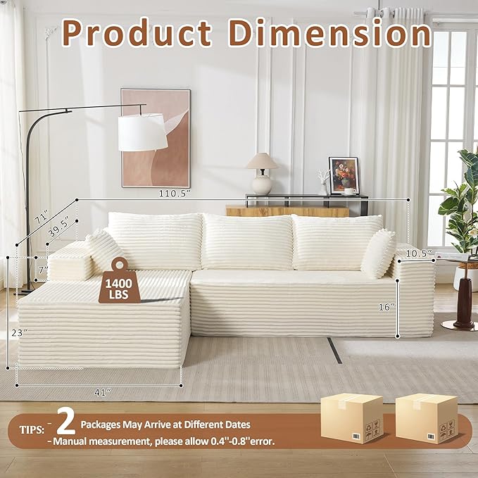 110 Boneless Sectional Couch with Chaise Lounge Cloud Couch Compressed Sofa L Shape No Assembly Memory Foam Sofa for Living Room White Corduroy