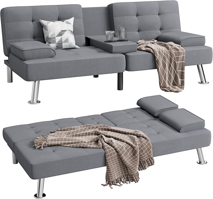 Shahoo Modern Linen Upholstered Convertible Folding Futon Sofa Bed with Removable Armrests Metal Legs 2 Cup Holders for Living Room Light Grey