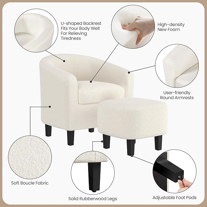 Yaheetech Accent Chair and Ottoman Set Modern Fuzzy Sherpa Barrel Chair and Footrest Comfy Boucle Armchair and Footstool for Living Room/Bedroom/Reading Room/Guestroom Ivory