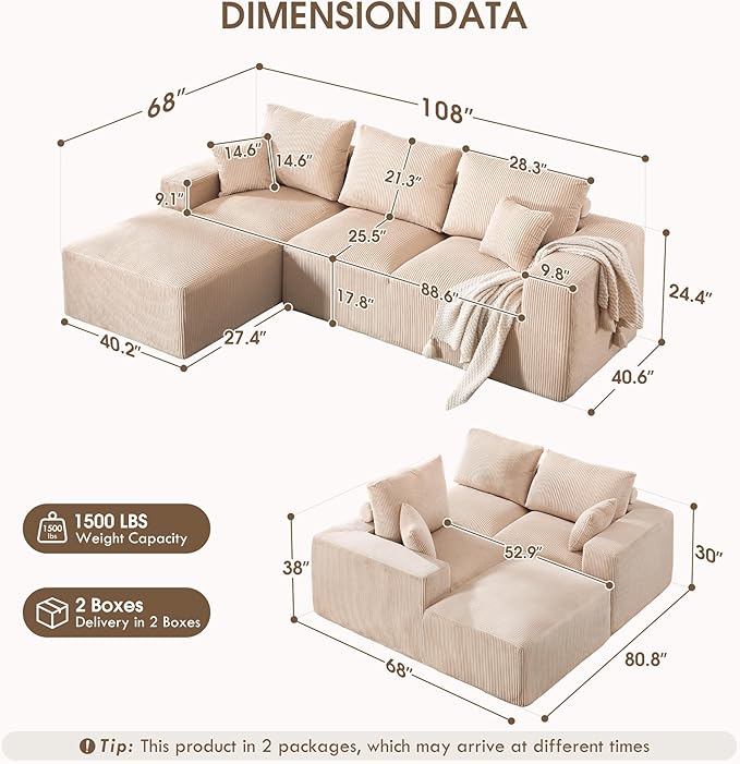 108 Modular Cloud Sectional Sofa 17.8 Comfort Height &amp Neck Pillow Modern Corduroy Couch with L-Shape Oversized Chaise for Living Room Bedroom No Assembly Required (Beige)