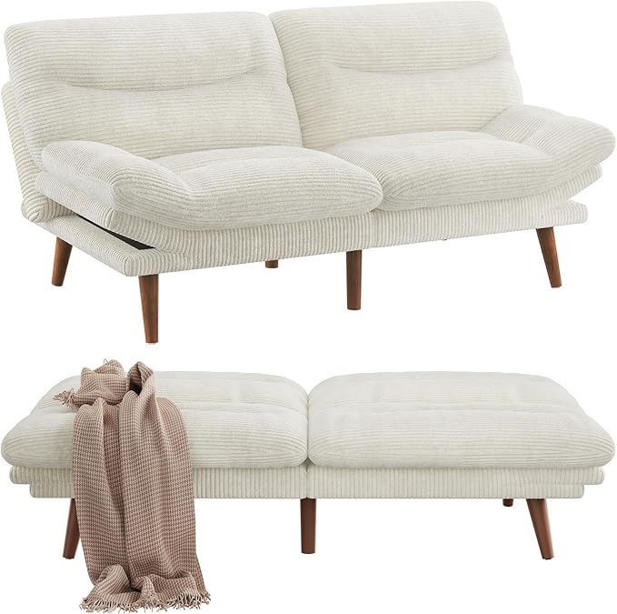 Pipishell Futon Sofa Bed Modern 66 Futon Couch Convertible to Bed &amp Lounger Compact Size Corduroy Loveseat Durable Construction - Fits Small Spaces ApartmentsStudy Room (Beige White 66 Inc