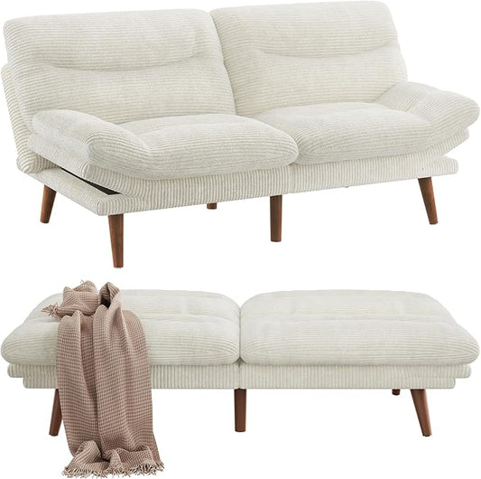 Pipishell Futon Sofa Bed Modern 66 Futon Couch Convertible to Bed &amp Lounger Compact Size Corduroy Loveseat Durable Construction - Fits Small Spaces ApartmentsStudy Room (Beige White 66 Inc