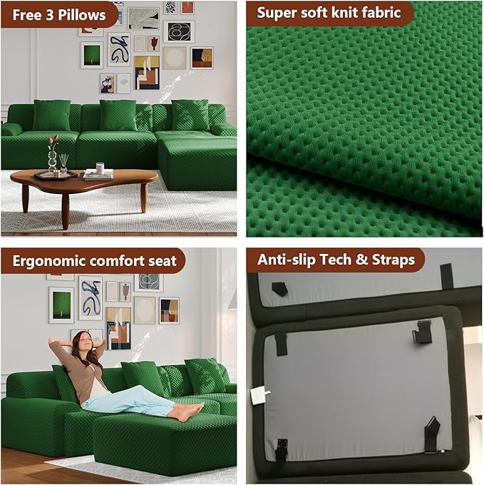 113 Modular Sectional Sofa Upholstered 3-Seater Sofa with Movable Ottoman Oversized 4-Seater Couch with 3 Throw Pillows High-Density Foam No Assembly Free Combinations