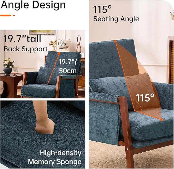 Accent Chairs Set of 2 Mid-Century Modern with Lumbar Support Pillow Upholstered Living Room Chairs with Wooden Chenille Armchair with Cushion Anthropologie Side Chair for Bedroom Navy