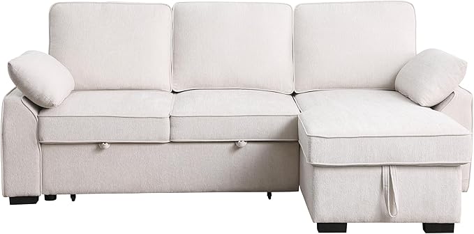 ERYE L-Shaped Pull Out Sleeper Couch Bed Modern Chenille Upholstered Button Tufted Corner Couch Reversible Sectional Sleeper Sofa Bed W/Storage Chaise Cup Holders