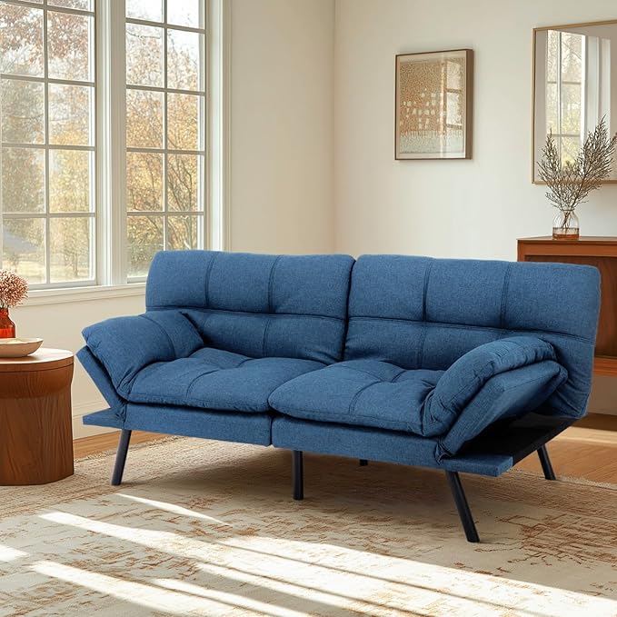 MUUEGM Futon Sofa Bed 71 Convertible Memory Foam Royal Blue Futon Couch Bed Modern Loveseat Sleeper with Adjustable Backrests Armrests for Living RoomSmall SpaceOffice