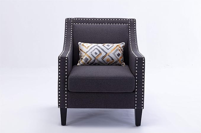 Accent Armchair Living Room Chair with Nailheads and Solid Wood Legs Charcoal Linen