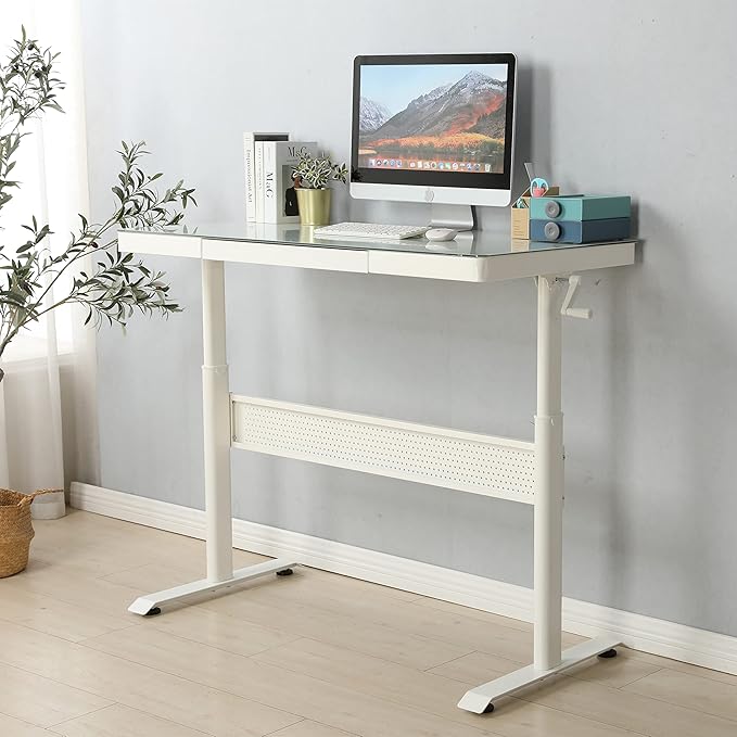 Generic 48 x 24 Inches Tempered Glass Standing Desk with Metal Drawer Adjustable Height Stand up Desk Sit Stand Home Office Desk Ergonomic Workstation White