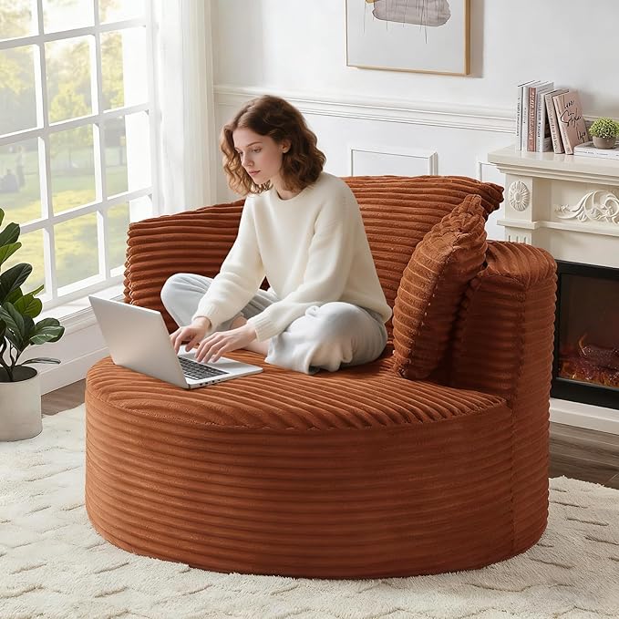 Round Chair Lounge Chaise Indoor 48.8 Oversized Sofa Chair Upholstered Corduroy Deep Seat Sleeper Sofa Bed No Assembly Required for Living Room Bedroom Apartment Orange