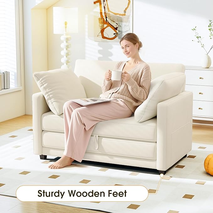 51 Convertible Sofa Bed 2 in1 Folding Sofa Bed Loveseat Sleeper Sofa for Small Spaces Fold Out Floor Couch with 2 Pillows for Apartment Living Room &amp Guest Room Beige Chenille Fabric