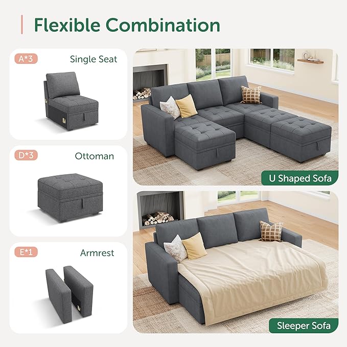 HONBAY Modular Sectional Couch Sleeper Sofa Bed with Storage Seats Oversized Sectional Couches for Living RoomBluish Grey