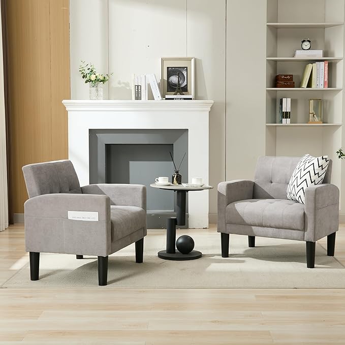 TYBOATLE Accent Chair Sets of 2 Living Room Chairs Cozy Tufted Mid Century Modern Chairs with Arms for Bedroom Comfy Reading Arm Chair Small Chairs for Small Spaces Living Room Office (2 Light Grey)