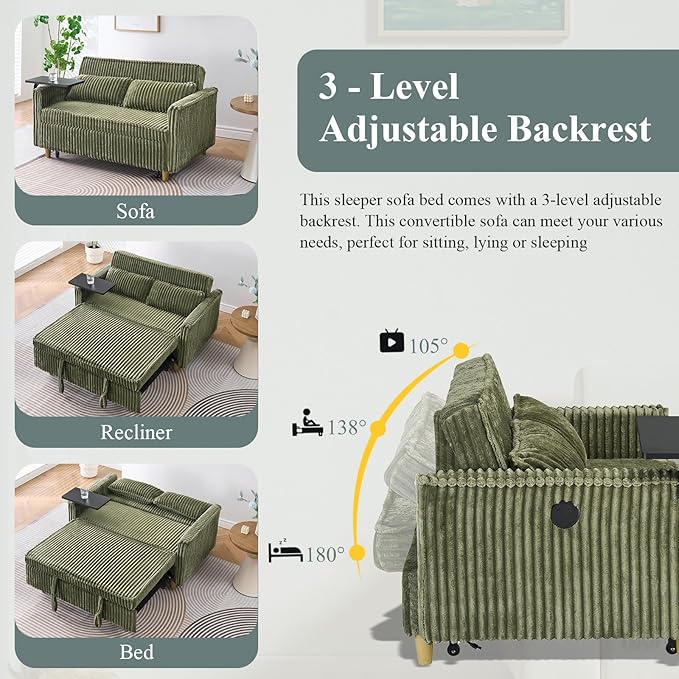 54W Convertible Sleeper Sofa Bed3-In-1 Corduroy Pull Out Couch BedFuton Loveseat Sleeper Couch with Adjustable Backrest &amp USB Ports &amp Side TableRecliner for Living Room/Office/Small Space(