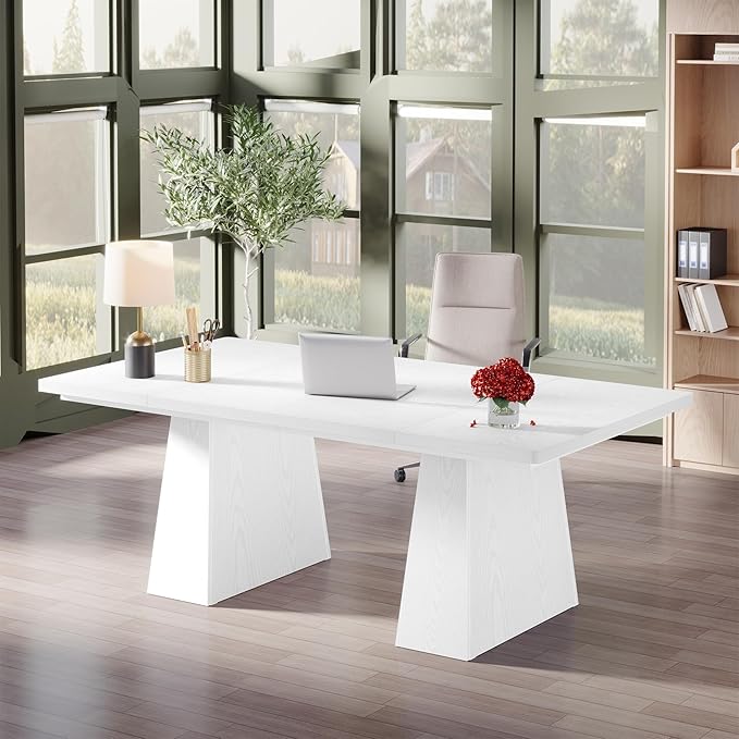 Tribesigns 63-Inch Executive Desk Large Office Computer Desk with Double Pedestal Modern Simple Workstations Writing Table Conference Table Business Furniture for Home Office White