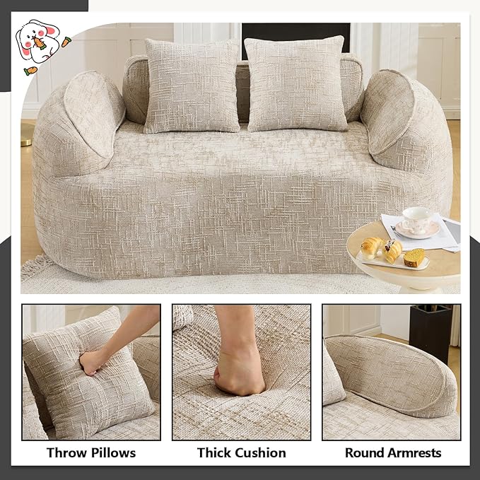 67 Curved Loveseat Sofa with 2 Pillows Modern Boneless Couch in a Box Small Cloud Loveseat for Bedroom Small Space Apartment Living Room Memory Foam Chenille No Assembly (Light Khaki)