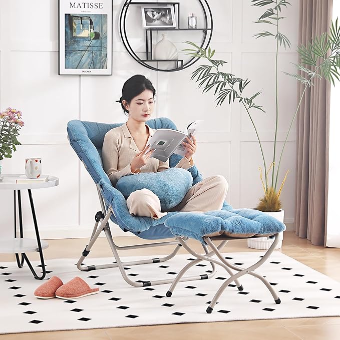 Saucer Chair with Ottoman Comfy Oversized Folding Chair Faux-Fur Reading Chair for Teens Adults Foldable Accent Lazy Chair Metal Frame Chair for Living Room Bedroom Blue