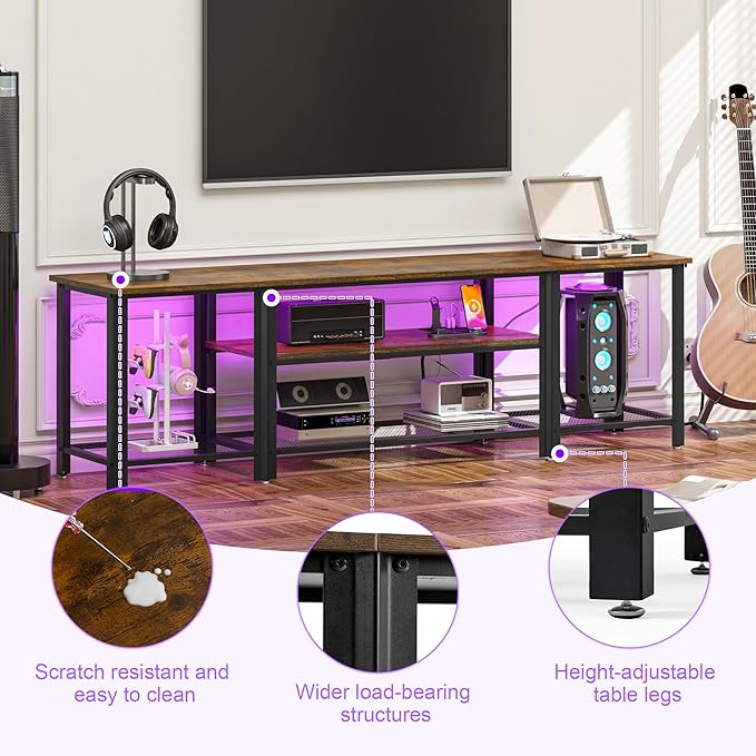 WelFurGeer Industrial Metal TV Stands with RGB LED Lights &amp Built-in Power Outlets - Modern TV Entertainment Center for Living Room Open Grid Design TV Console with Storage (Brown)