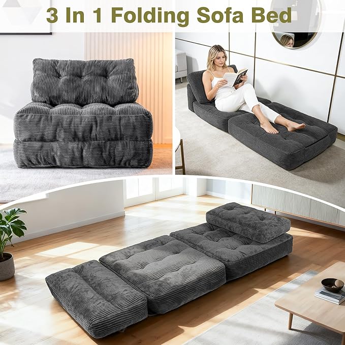 Art3d Folding Sofa Bed Convertible Sleeper Sofa Bed with Pilow &amp Back Support 3 in 1 Long Futon Boneless Couch Comfy Floor Couch for Living Room Bedroom Dark Gray