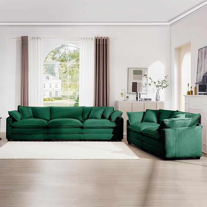 mikibama Luxury 2 Piece Sofa Set 3-Seater &amp Loveseat Couch Set Modern Corduroy Comfy Cloud Couches Set for Living Room Office with 4 Armrest Pillows and 5 Toss Pillows Green