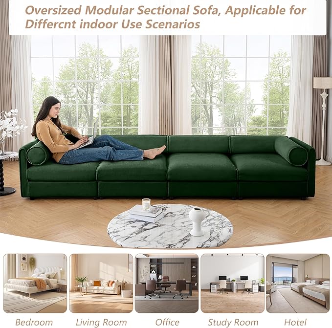 Oversized Modular Sectional Sofa with Storage Seat 142.5 Chenille Sofa with Cylindrical Backrest &amp Armrest Modern Comfy 4-Seat Sofa Upholstered Deep Seat Couch for Living Room Green
