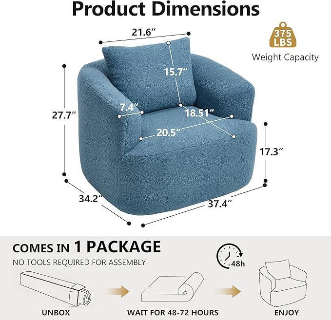 KEIKI 37.4 Oversized 360 Degree Swivel Chair Large Barrel Chairs Upholstered Round Swivel Chair Teddy Fleece Single Sofa Armchair Sleeper Couch for Living Room Lounge Blue