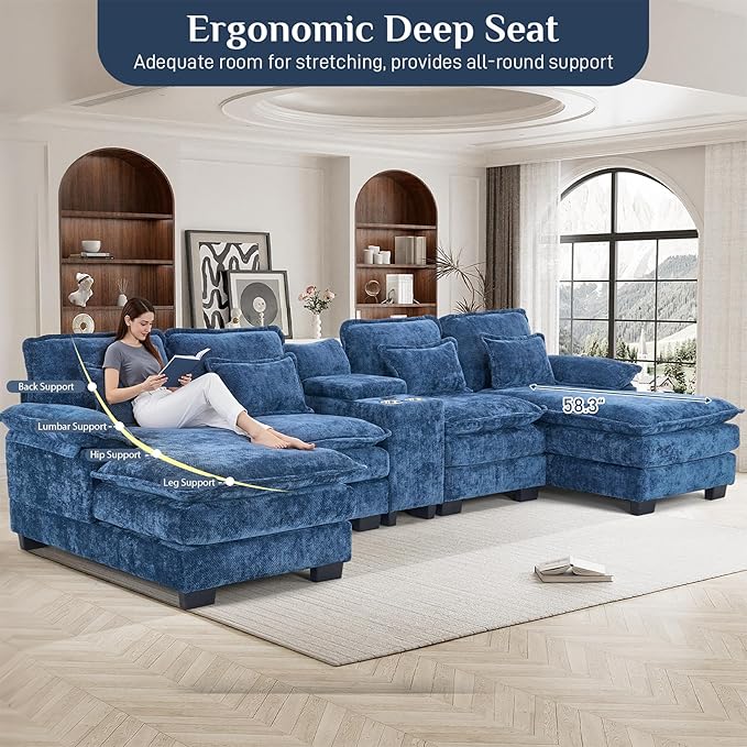 133 Oversized U Shaped Cloud Couch Modular Sectional Couches for Living Room Comfy Chenille Deep Seat Sofa Set with Double Chaise Lounge Storage Central Console Cup Holders USB Port Blue
