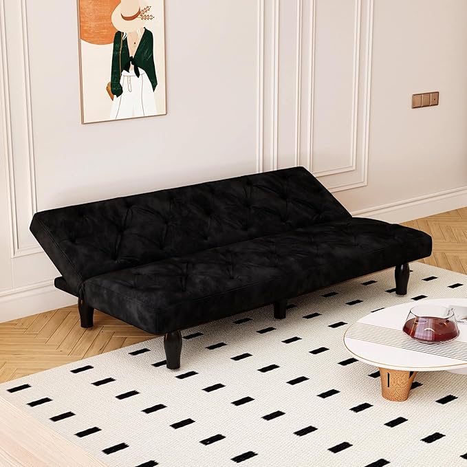 72 Pink Velvet Futon Couch Living Room Couch Bed Convertible Sleeper Sofa Bed with Cup Holder for Bedroom Guest Bed 2 Seater Reclining Sofas Couches with Nailhead Trim for Small Space (Black New)