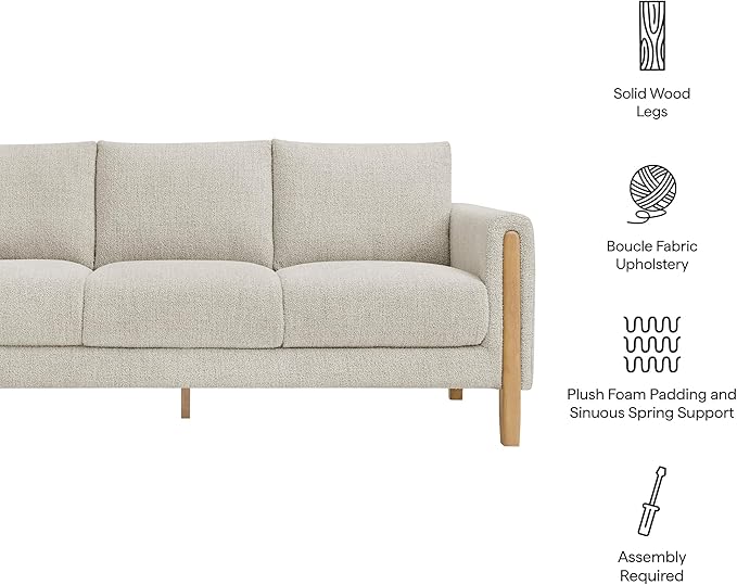 Modway Hawken 75 Inch Mid-Century Modern Boucle Sofa in Parchment Beech with Wood Legs – Comfortable 3-Seater Couch for Living Room Apartment or Office Lounge