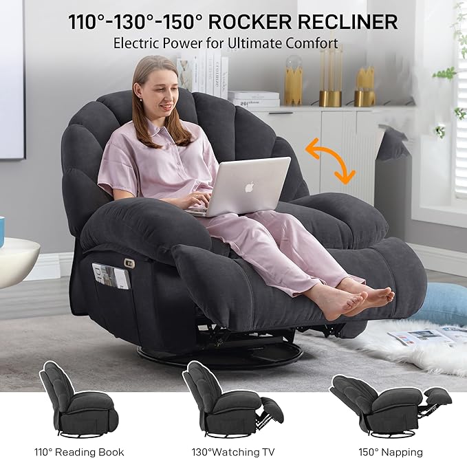 Power Recliner Chair Swivel Comfortable Soft Fabric Shell Shape with Storage 360 Swivel Electric Big Tall Single Reclining Sofa for Adults Living Room Bedroom(Gray)