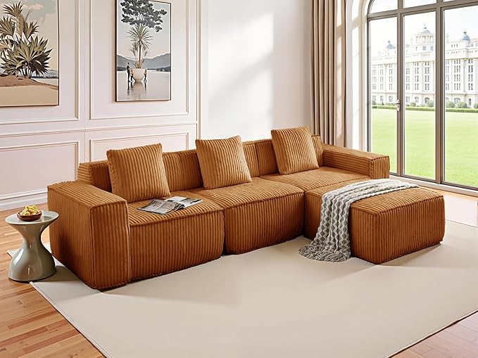 L-Shaped Corner Corduroy Sectional Sofa 4 Seat Modular Boneless Sofa Foam Cloud Couch with Movable Ottoman and Toss PillowsModern Deep Seat Convertible Chaise Sofa